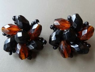 Vintage French Jet Black Amber Glass Daisy Flower Cluster Clip On Earrings - Y26