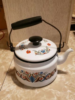 Vintage Berggren Enamel Teapot Folk Art
