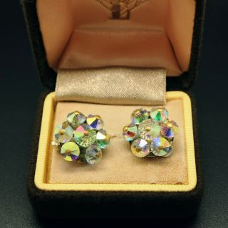 Vintage Jewellery Pretty Silver Tone Rainbow Aurora Borealis Clip On Earrings