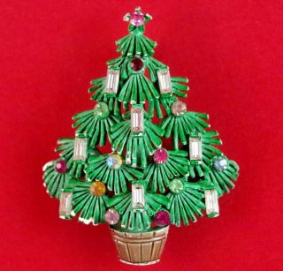 Vtg Mid - Century Lg Green Enamel Baguette Rhinestone Candle Christmas Tree Brooch