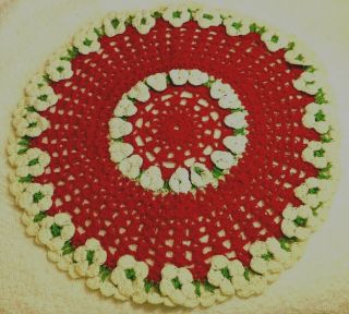Vintage Hand Crochet Christmas Red Green White Floral Doily 11 " Round