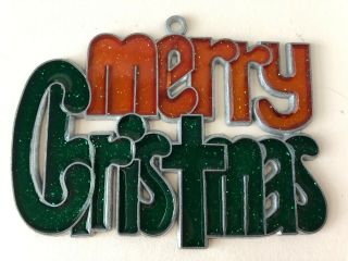 Merry Christmas W/ Glitter Vintage Stained Glass Sun Catcher 5 X 3.  5 "