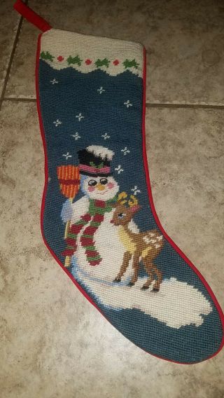 Vtg Imperial Elegance Snowman & Rudolph Reindeer Needlepoint Christmas Stocking