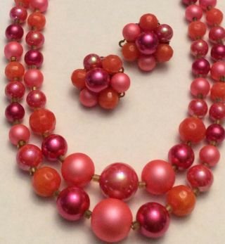 Vintage Signed Japan 2 Strand Pink Shades Bead Necklace & Clip Earrings