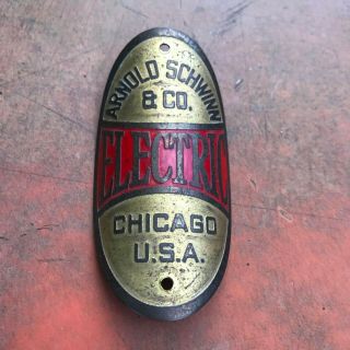 Vintage Prewar Schwinn Bicycle Brass Head Badge Electric Chicago Usa