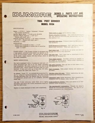Vintage 1972 Dumore Tool Post Grinder Parts List Operating Instructions
