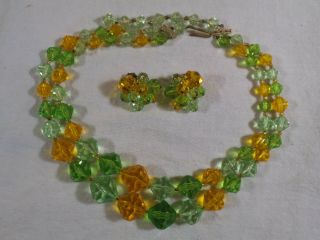 Vintage Green,  Yellow Clear Lucite Bead 2 Strand W Germany Necklace,  Earrings - Bg