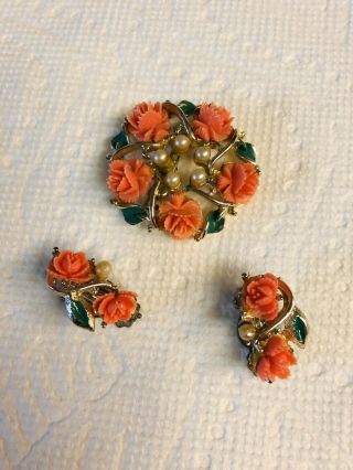 Vtg Cameo/mod Pink Rose Flower Leaf Faux Pearl Pin Brooch Earrings Set 155