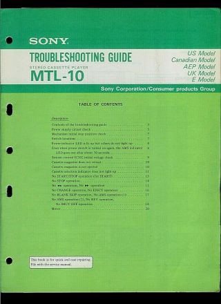 Sony Mtl - 10 Stereo Cassette Tape Player Factory Troubleshooting Guide