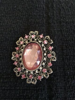 Vintage Sterling Silver Brooch With Pink Crystals And Stones