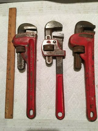 Priced To Sell.  Vintage Set Of 3 - 10 " Pipe Wrenches.  All Made In The Usa.