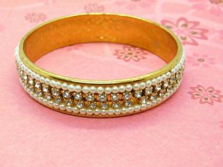 Vintage Bangle Bracelet Faux Pearls Rhinestones Gold Tone