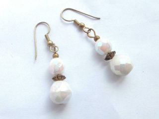 Vintage White Carnival Glass Faceted Crystal Bead Dangle Drop Pierced Earrings