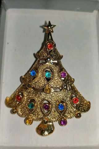 Vintage Gold Tone Rhinestone Christmas Tree Brooch Pin Jewelry