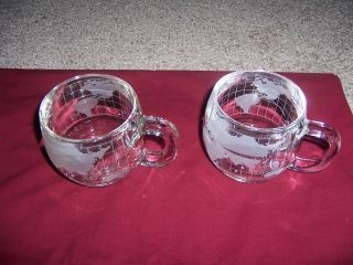 Vintage Nestle Nescafe Etched Frosted World Globe Glass Mugs Cups Set Of 2
