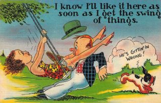 " Swing Of Things " Comic Risque Cartoon C1940s Vintage Linen Postcard