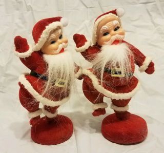 2 Vintage Santa Claus Flocked Plastic Christmas Decorations Dancing Waving Retro
