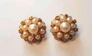Vintage Signed Celebrity Faux Pearl Rhinestone Cluster Clip On Earrings 1 1/8 "