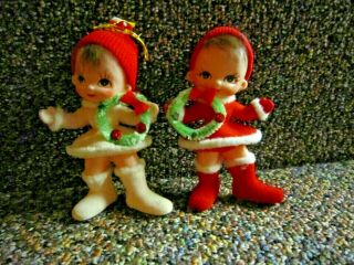 Vintage Pair Christmas Girl 3 " Ornaments - Flocked Clothing - Blow Mold - Hair