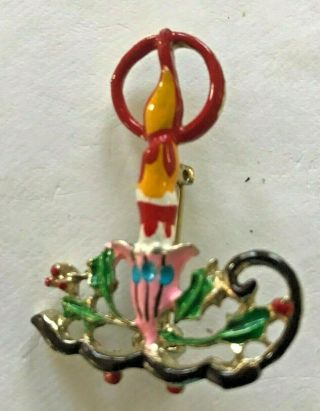Vintage Signed Kore Brooch Pin White Red Green Yellow Enamel Christmas Candle