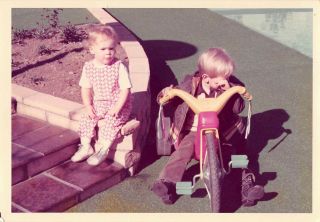 Little Blond Boy Rides Marx Big Wheel Cowboy Boots Baby Sister Vtg 1970s Photo