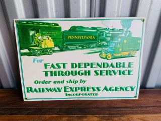 Embossed Railway Express Agency Sign Tin Train Fast Dependable Advertising