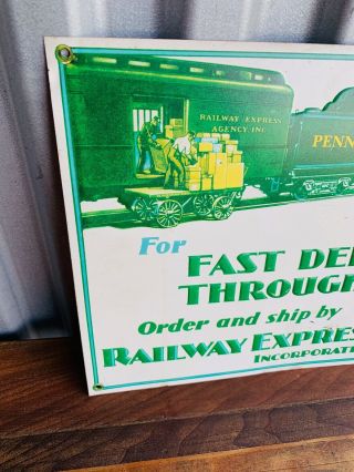 Embossed RAILWAY EXPRESS AGENCY SIGN Tin Train Fast Dependable Advertising 2