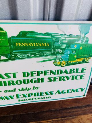Embossed RAILWAY EXPRESS AGENCY SIGN Tin Train Fast Dependable Advertising 3