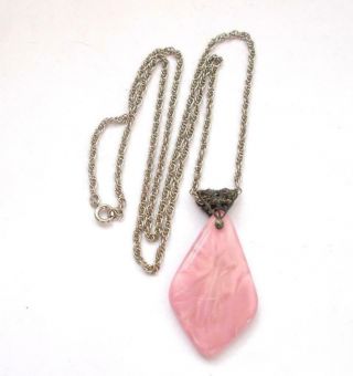 Vintage Art Deco Czech Pink Glass Filigree Pendant Silver Tone Chain Necklace