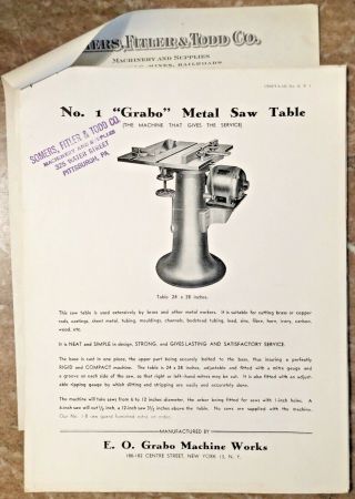 Vintage 1944 E.  O.  Grabo Metal Saw Table No.  1 And 2 Cut Sheet Bulletin