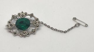 Vintage Green Glass & Marcasite Brooch Pin With Safety Chain Silver Tone