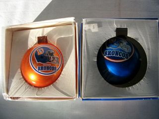 2 Denver Colorado Bronco Orange & Blue Glass Christmas Ornaments In Boxes