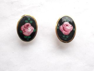 Vintage Art Deco Hand Painted Black & Pink Enamel Rose Bud Gold Tone Earrings