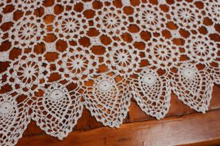 Vintage Large Cotton Snowy White Hand Crocheted Runner 29x60 3
