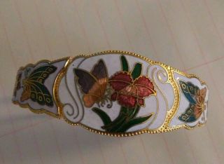 Vintage Cloisonne Bracelet Gold Tone Hinged Bangle Butterfly - Flower -