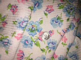 Vintage Cotton Waffle Weave Fabric Blue Pink Roses On White 44 " X 3yds