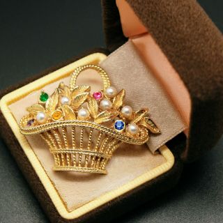 Vintage Jewellery Pretty Gold Tone Faux Pearl Rhinestone Basket Flowers Brooch