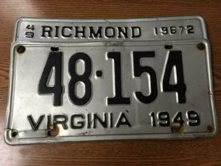 1949 City Of Richmond License Plate Virginia Topper Attachment 48 - 154