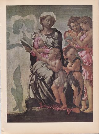 1939 Vintage " Madonna,  Child,  John,  Angels " Michelangelo Color Art Plate Lithograph