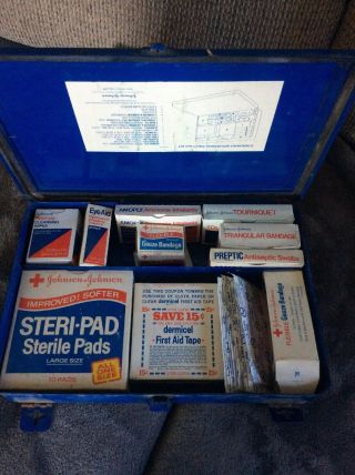 Vintage 70’s Johnson & Johnson First Aid Emergency Kit Wall Mount.  Full