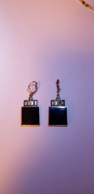 Vintage Art Deco Sterling Silver Black Onyx Dangle Earrings Stamped Signed 925