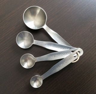 Set Of 4 Vintage Stainless Steel Measuring Spoon Kitchen Tools With Ring