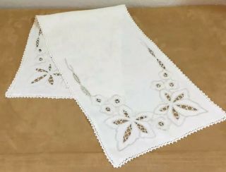 Vintage Dresser Scarf,  Linen,  Beige,  Flower & Leaf Embroidery,  Cut Work Accents