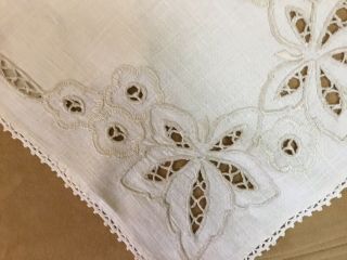 Vintage Dresser Scarf,  Linen,  Beige,  Flower & Leaf Embroidery,  Cut Work Accents 2