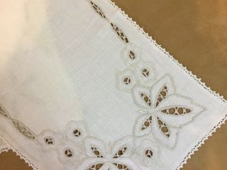 Vintage Dresser Scarf,  Linen,  Beige,  Flower & Leaf Embroidery,  Cut Work Accents 3