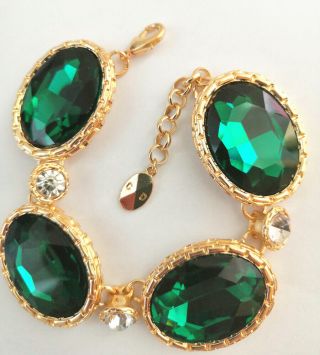Cd Signed Dio R Emerald Green Vintage Glass Rhinestone Chunky Statement Bracelet