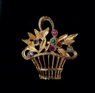 Vintage Multi - Coloured Flower Basket Bouquet Gold Tone Brooch Costume Jewellery