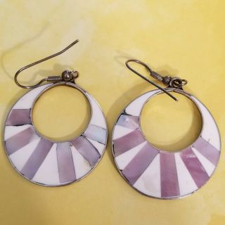 Vintage Fashion Earrings Mexico Abalone Shell Dangle Drop White Enamel