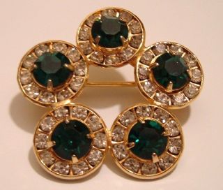 Vintage Brooch Gold Circles Of Round Flowers Emerald Green Fiery Rhinestones Pin
