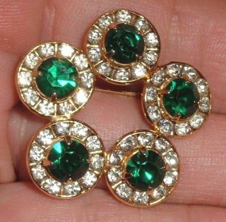 VINTAGE BROOCH GOLD CIRCLES OF ROUND FLOWERS EMERALD GREEN FIERY RHINESTONES PIN 2